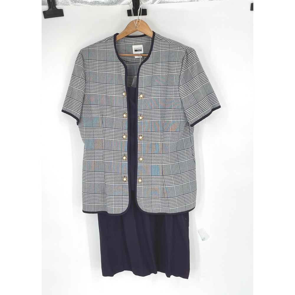 Leslie Fay Women Dress Suit 16 2pc Glen Plaid Navy Pearl Button Office Made USA